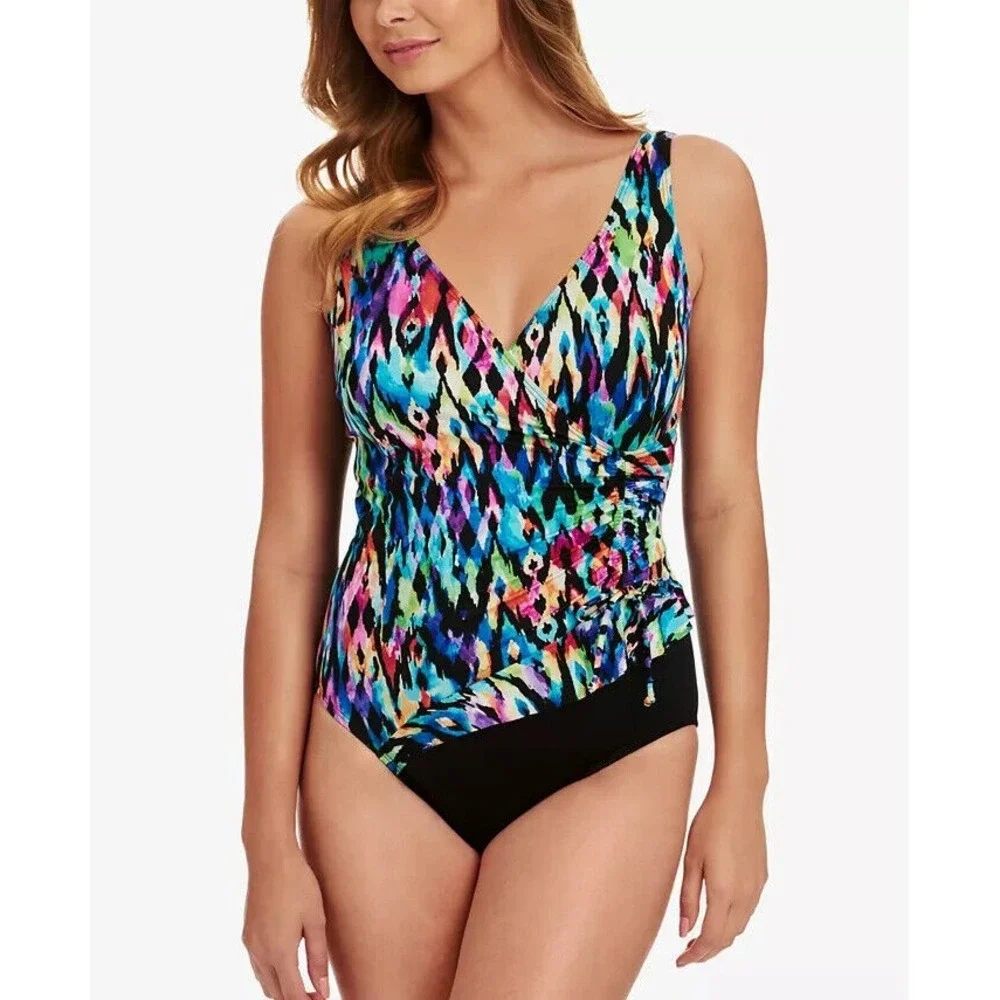 SWIM SOLUTIONS Tulum Tummy Control One Piece Swimsuit Black Multicolored Size 8 - Picture 1 of 2